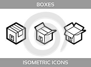 Simple Set ofÂ Isometric packaging boxes Vector Line artÂ Icons. Black and white line art isometric icons